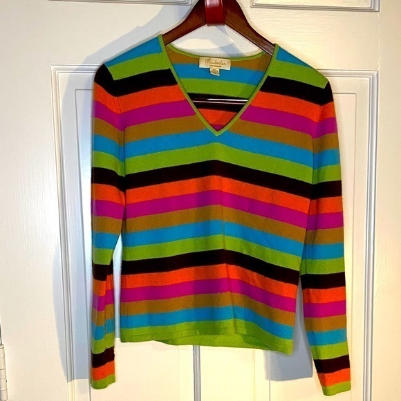 Mainbocher Sweaters - Vintage Mainbocher Cashmere Striped V Neck Sweater Size Medium